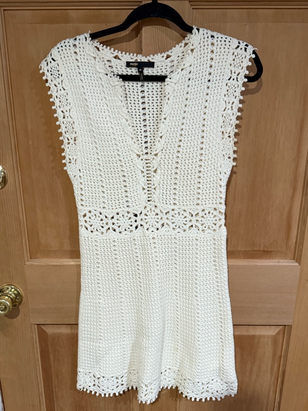 Maje Cream Crochet V-Neck Sleeveless Dress, size 36/S